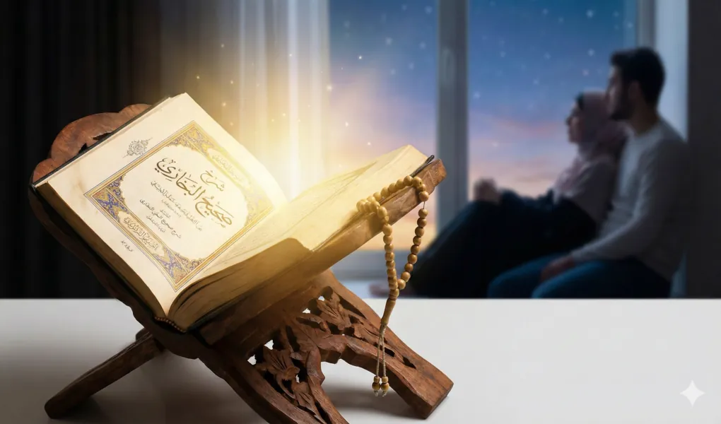 Ilustrasi kitab terbuka bertuliskan kaligrafi 'Syarah Shahih Al-Bukhari' di atas rehal kayu dengan tasbih, berlatar belakang pasangan suami istri muslim yang duduk memandang langit malam penuh bintang dari jendela.