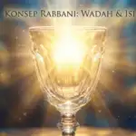 Ilustrasi konseptual sebuah gelas kristal bening yang memancarkan cahaya keemasan terang dari dalamnya, menggambarkan analogi jasad wali (wadah) yang berisi Nur Ilahi (isi). Terdapat teks "KONSEP RABBANI: WADAH & ISI" di bagian atas.