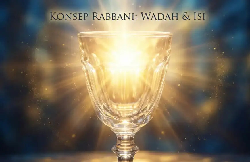 Home 37 A conceptual illustration of a clear crystal glass emitting bright golden light from within, depicting the analogy of a saint's body (container) containing Divine Light (content). The text "RABBANI CONCEPT: CONTAINER & CONTENT" appears at the top.