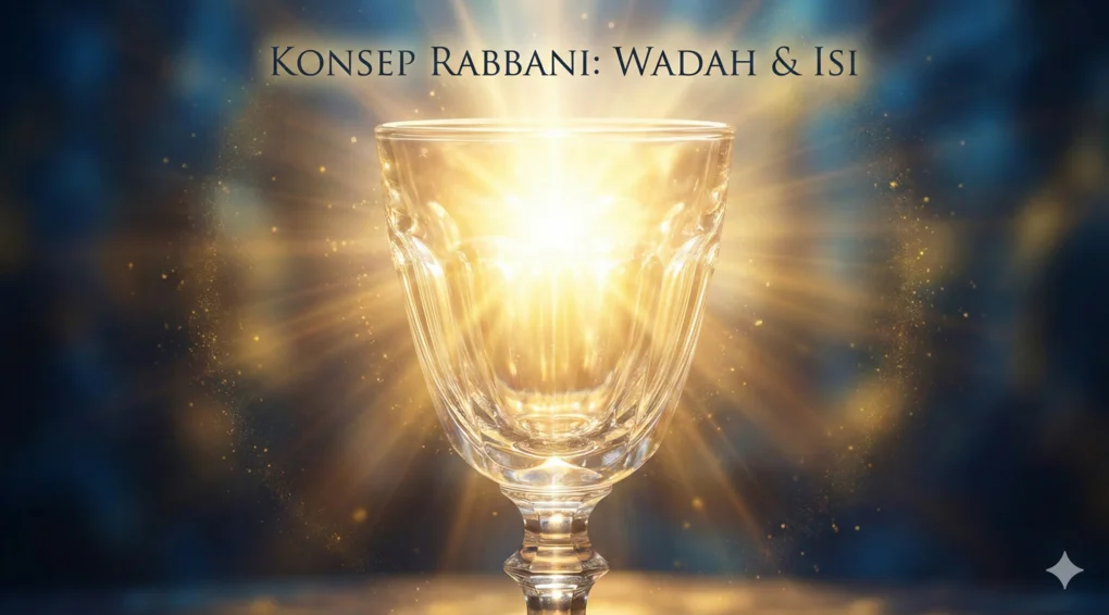 Ilustrasi konseptual sebuah gelas kristal bening yang memancarkan cahaya keemasan terang dari dalamnya, menggambarkan analogi jasad wali (wadah) yang berisi Nur Ilahi (isi). Terdapat teks "KONSEP RABBANI: WADAH & ISI" di bagian atas.