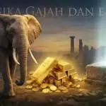 Ilustrasi surealis komposit menampilkan seekor gajah besar, tumpukan emas batangan, dan sebuah makam batu sederhana yang memancarkan cahaya putih ke langit, dengan teks judul "LOGIKA GAJAH DAN EMAS" di bagian atas.