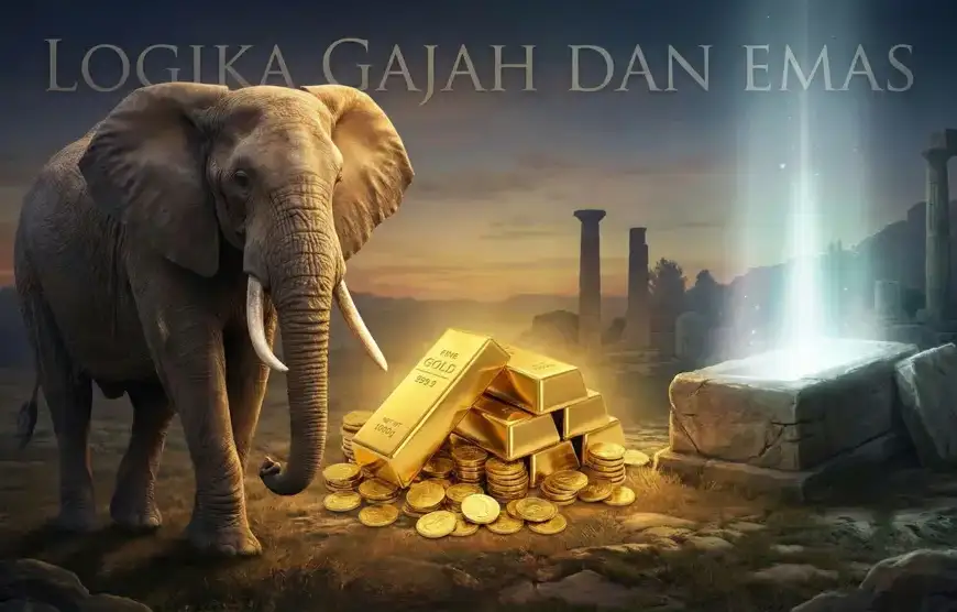 Ilustrasi surealis komposit menampilkan seekor gajah besar, tumpukan emas batangan, dan sebuah makam batu sederhana yang memancarkan cahaya putih ke langit, dengan teks judul "LOGIKA GAJAH DAN EMAS" di bagian atas.