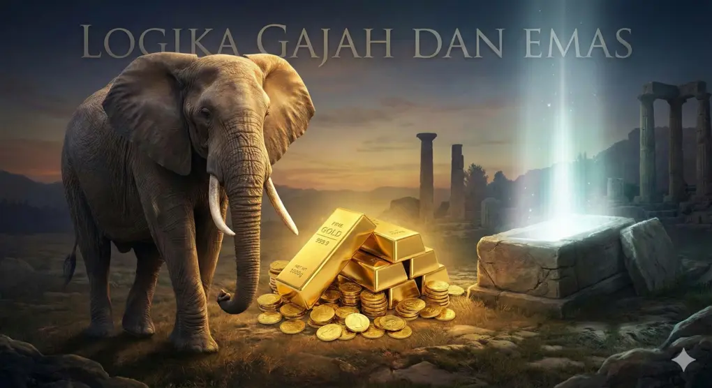Ilustrasi surealis komposit menampilkan seekor gajah besar, tumpukan emas batangan, dan sebuah makam batu sederhana yang memancarkan cahaya putih ke langit, dengan teks judul "LOGIKA GAJAH DAN EMAS" di bagian atas.