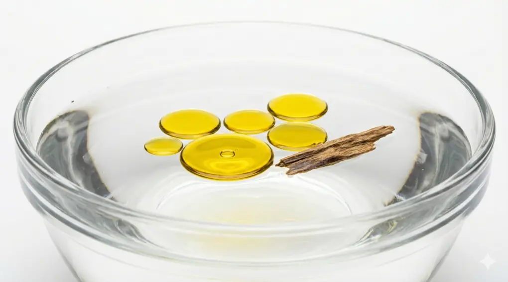 Fotografi makro tetesan minyak emas dan potongan kayu kecil yang mengapung terpisah di permukaan air jernih.