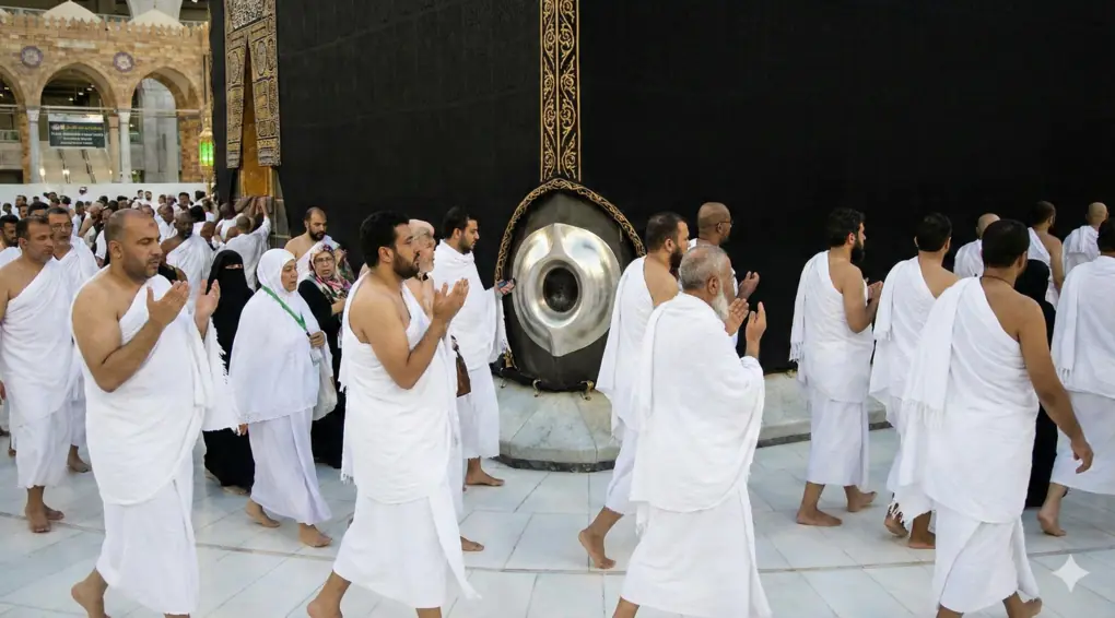Jamaah haji dan umrah membaca doa sapu jagat saat tawaf di depan Ka'bah.
