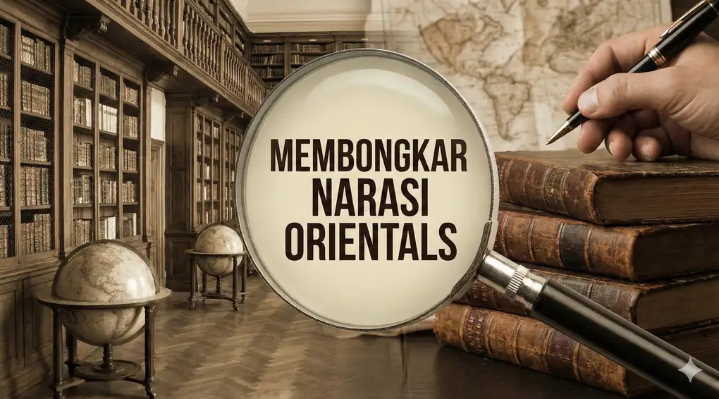 Gambar konsep yang menampilkan sebuah kaca pembesar besar di tengah, menyoroti teks "MEMBONGKAR NARASI ORIENTALIS" dalam huruf kapital tebal. Latar belakangnya adalah perpustakaan klasik bernuansa sepia dengan rak buku kayu tinggi, dua bola dunia antik, dan peta tua yang tergantung. Sebuah tangan memegang pena di atas tumpukan buku kulit tua di sebelah kanan. Gambar ini melambangkan penelitian atau penyelidikan akademis yang mendalam terhadap narasi orientalis.