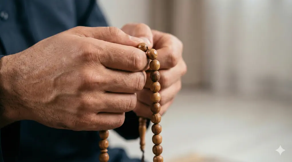 Close-up tangan pria Muslim memegang tasbih kayu untuk berdzikir, simbol pengendalian diri dari hawa nafsu.