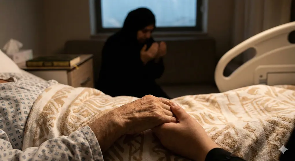Foto close-up tangan seseorang menggenggam tangan pasien yang sedang menghadapi sakaratul maut di rumah sakit, dengan latar belakang siluet orang berdoa.