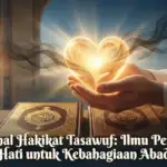 Ilustrasi seorang pria memegang hati bercahaya di atas dua kitab suci Al-Quran dan Hadits, dengan teks "Mengenal Hakikat Tasawuf: Ilmu Penyucian Hati untuk Kebahagiaan Abadi".
