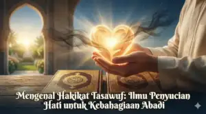 Home 5 An illustration of a man holding a radiant heart above the holy books of the Quran and Hadith, with the text: 'Understanding the Essence of Tasawuf: The Science of Purifying the Heart for Eternal Happiness'.