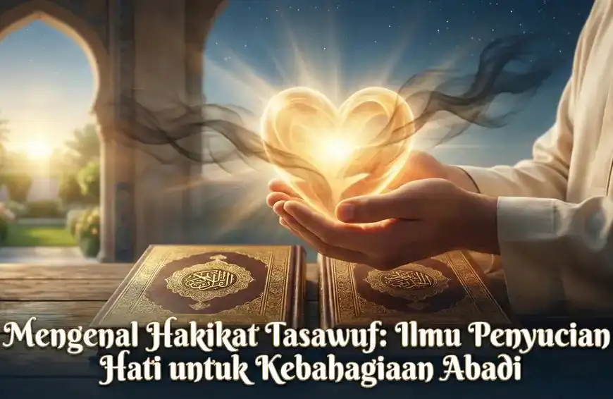 Home 39 An illustration of a man holding a radiant heart above the holy books of the Quran and Hadith, with the text: 'Understanding the Essence of Tasawuf: The Science of Purifying the Heart for Eternal Happiness'.