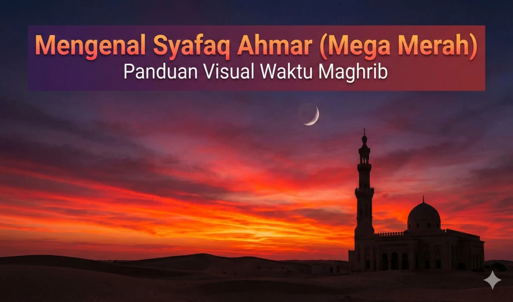 Pemandangan langit senja di padang pasir dengan warna merah menyala dan oranye yang dominan di atas siluet masjid, mengilustrasikan fenomena Syafaq Ahmar atau mega merah.