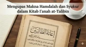 A top-down view of an open vintage classical Islamic text (kitab kuning) titled 'I'anah at-Talibin', displaying authentic Arabic script discussing the meanings of Hamdalah and Shukr, including the quote '(قوله: الحمد لله) آثره على الشكر...'. The book is placed on a rustic wooden table alongside a notebook, a fountain pen, and a cup of tea. A banner at the top features the article title: 'Mengupas Makna Hamdalah dan Syukur dalam Kitab I'anah at-Talibin'. Warm, inviting lighting, photorealistic.