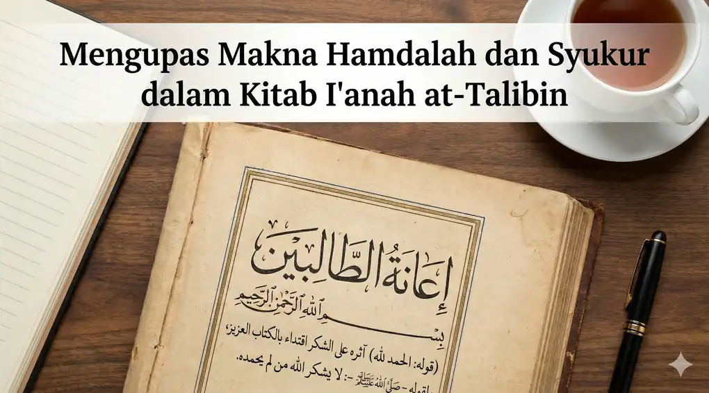 Halaman terbuka dari kitab kuning tua I'anah at-Talibin yang menampilkan teks Arab asli yang membahas makna Hamdalah dan syukur, termasuk kutipan "(قوله: الحمد لله) آثره على الشكر...". Kitab ini diletakkan di atas meja kayu di samping buku catatan, pena, dan secangkir teh, dengan spanduk judul artikel "Mengupas Makna Hamdalah dan Syukur dalam Kitab I'anah at-Talibin" di bagian atas.
