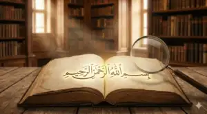 Kajian Fiqh Madzhab Syafi'i: Panduan Lengkap Hukum Islam, Doa, dan Tasawuf 5 An ancient Islamic manuscript lies open, displaying the illuminated golden calligraphy **“Bismillāhir-Raḥmānir-Raḥīm.”** An antique magnifying glass rests over the script, with the softly blurred background of shelves in a classic library.