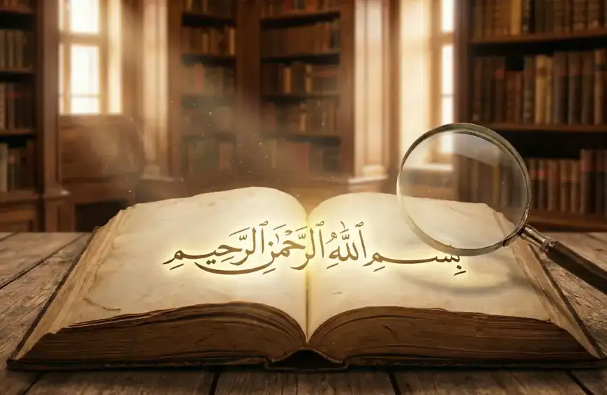 Home 37 An ancient Islamic manuscript lies open, displaying the illuminated golden calligraphy **“Bismillāhir-Raḥmānir-Raḥīm.”** An antique magnifying glass rests over the script, with the softly blurred background of shelves in a classic library.