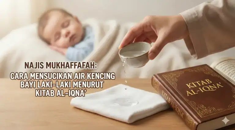 A blog featured image illustration showing a hand gently sprinkling water from a small bowl onto a white cloth to purify it. Next to the cloth is a brown book titled 'KITAB AL-IQNA''. The background features a soft-focus image of a sleeping baby boy.