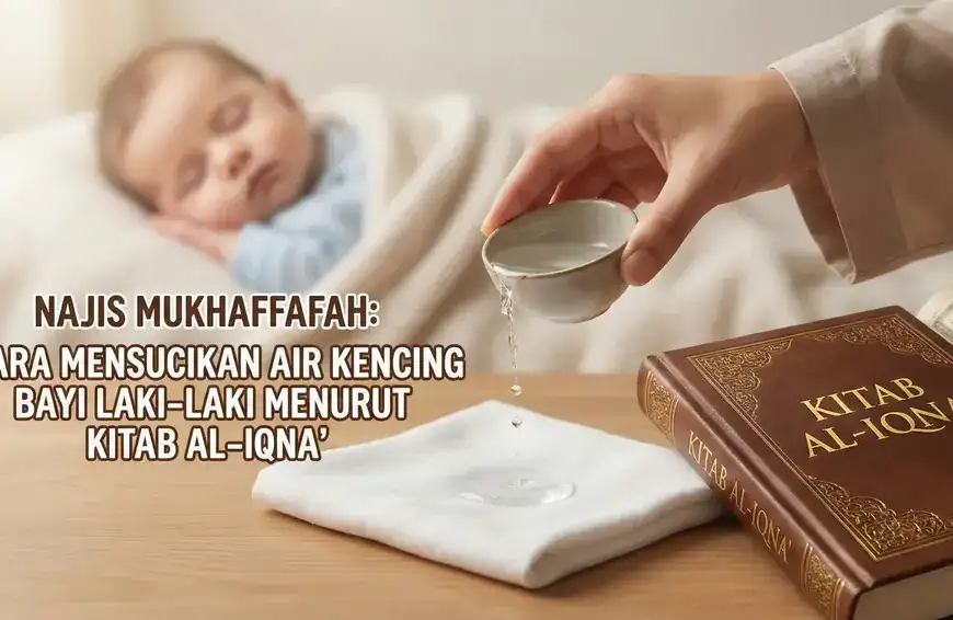 Ilustrasi gambar unggulan blog yang menunjukkan tangan sedang memercikkan air dari mangkuk kecil ke atas kain putih untuk mensucikan najis mukhaffafah. Di sampingnya terdapat buku 'KITAB AL-IQNA'' berwarna cokelat. Latar belakangnya adalah bayi laki-laki yang sedang tidur. Terdapat teks judul artikel: 'NAJIS MUKHAFFAFAH: CARA MENSUCIKAN AIR KENCING BAYI LAKI-LAKI MENURUT KITAB AL-IQNA''.