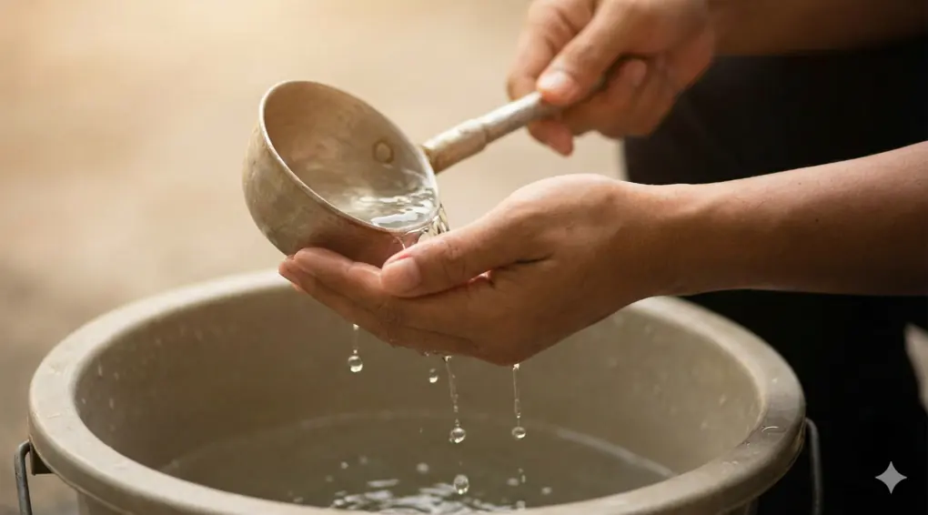 Close-up tangan petugas mengambil air bersih dengan gayung, simbolisasi persiapan niat dan mewudhukan jenazah sebelum dimandikan.