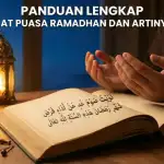 Ilustrasi tangan berdoa di atas kitab terbuka yang menampilkan lafadz niat puasa Ramadhan dalam tulisan Arab, dengan latar belakang lampu lentera dan bulan sabit, serta teks judul 'Panduan Lengkap Niat Puasa Ramadhan dan Artinya'.