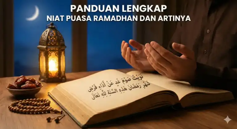 An illustration of praying hands over an open book displaying the Arabic script of the Ramadan fasting intention (Niyyah). The background features a lantern and a crescent moon, along with the title text: 'Panduan Lengkap Niat Puasa Ramadhan dan Artinya'.