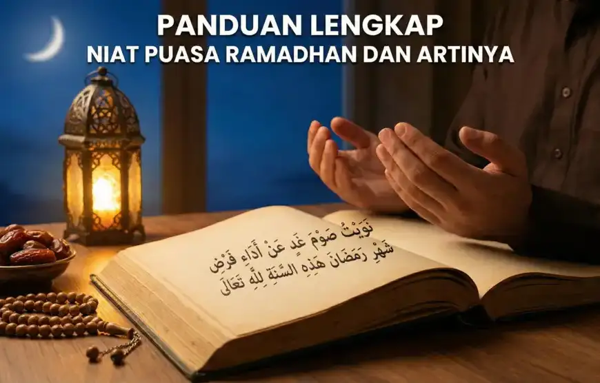 Ilustrasi tangan berdoa di atas kitab terbuka yang menampilkan lafadz niat puasa Ramadhan dalam tulisan Arab, dengan latar belakang lampu lentera dan bulan sabit, serta teks judul 'Panduan Lengkap Niat Puasa Ramadhan dan Artinya'.
