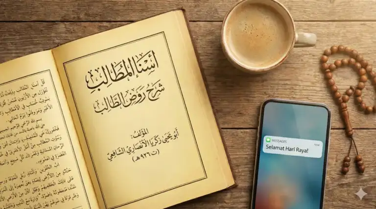 Kitab Asna Al-Matalib terbuka di atas meja kayu, sebuah tasbih, dan smartphone menampilkan ucapan selamat hari raya.