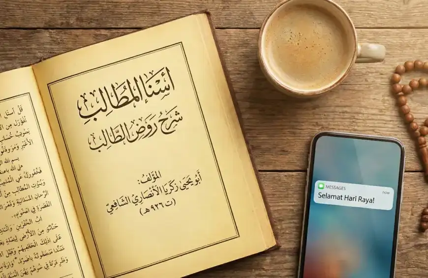 Home 17 Kitab Asna Al-Matalib terbuka di atas meja kayu, sebuah tasbih, dan smartphone menampilkan ucapan selamat hari raya.