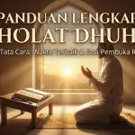 An illustration of a Muslim man performing the **Duha prayer** with devotion indoors, illuminated by soft morning sunlight, with the title text **“Complete Guide to Dhuha Prayer.”**