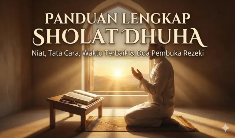 An illustration of a Muslim man performing the **Duha prayer** with devotion indoors, illuminated by soft morning sunlight, with the title text **“Complete Guide to Dhuha Prayer.”**