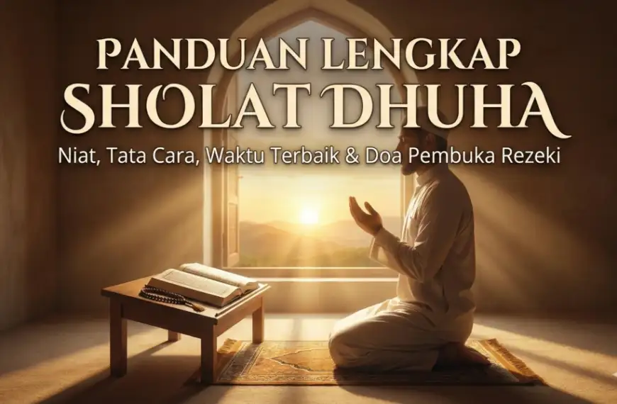 Ilustrasi pria muslim sedang melaksanakan sholat dhuha dengan khusyuk di dalam ruangan yang tersinari cahaya matahari pagi, dengan teks judul Panduan Lengkap Sholat Dhuha.