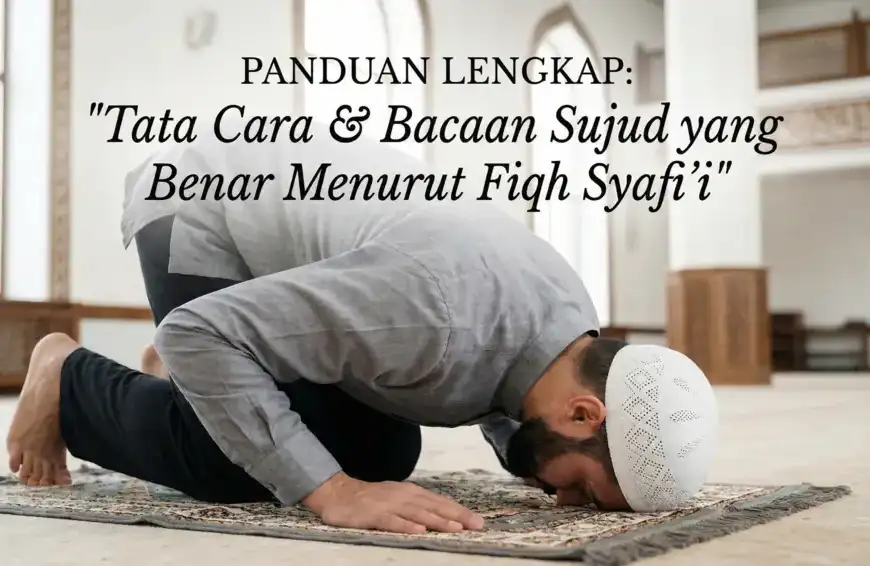 Home 29 Ilustrasi sampul artikel panduan lengkap tata cara dan bacaan sujud yang benar menurut Fiqh Syafi'i, menampilkan seorang pria Muslim sedang bersujud dengan khusyuk di atas sajadah di dalam masjid.