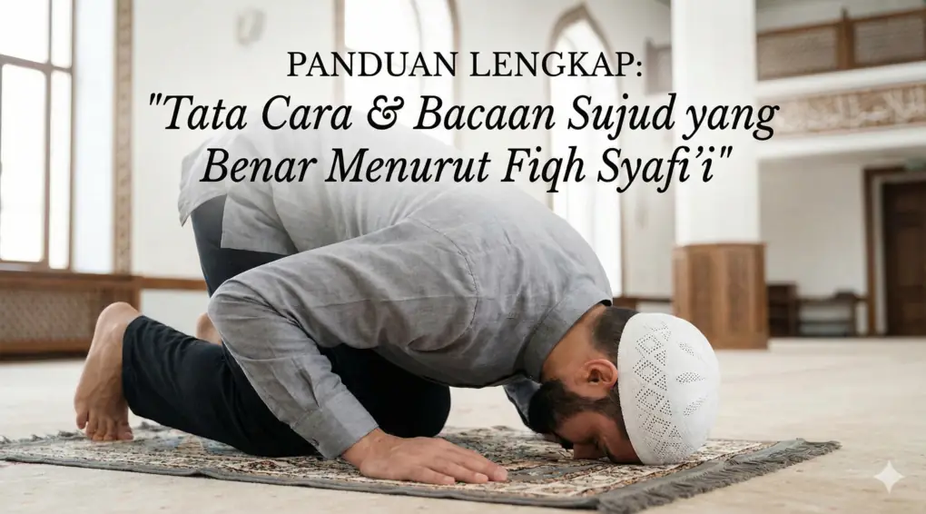 Ilustrasi sampul artikel panduan lengkap tata cara dan bacaan sujud yang benar menurut Fiqh Syafi'i, menampilkan seorang pria Muslim sedang bersujud dengan khusyuk di atas sajadah di dalam masjid.