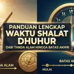 Waktu Shalat Dhuhur: Dari Tanda Alam Hingga Batas Akhir An illustration for a complete guide to Dhuhr prayer times, featuring a classic sundial and a modern clock alongside a person in prostration (Sujud), representing both natural signs and the precision of worship