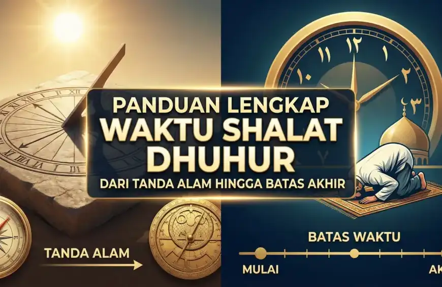 Ilustrasi panduan lengkap waktu shalat dhuhur menampilkan jam matahari klasik dan jam modern serta orang yang sedang sujud, merepresentasikan tanda alam dan ketepatan waktu ibadah.