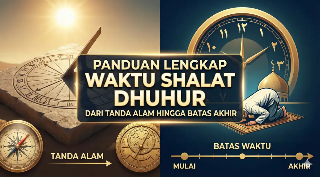 Ilustrasi panduan lengkap waktu shalat dhuhur menampilkan jam matahari klasik dan jam modern serta orang yang sedang sujud, merepresentasikan tanda alam dan ketepatan waktu ibadah.