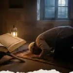 An illustration of performing **Ṣalāt al-Ḥājah** in a dimly lit room, showing a person in the position of prostration (*sujūd*) with an open book serving as a reference guide.