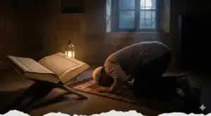 Home 5 An illustration of performing **Ṣalāt al-Ḥājah** in a dimly lit room, showing a person in the position of prostration (*sujūd*) with an open book serving as a reference guide.