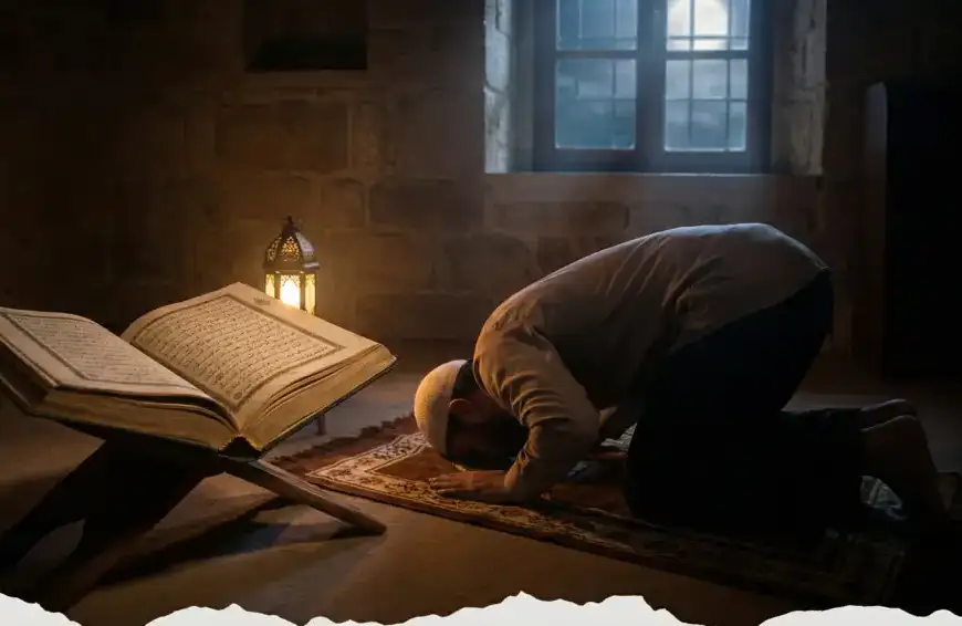 Home 29 Ilustrasi pelaksanaan shalat hajat di ruangan temaram, menampilkan seseorang dalam posisi sujud dan sebuah kitab terbuka sebagai referensi panduan.