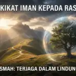 Ilustrasi pemandangan alam pegunungan saat matahari terbit, menampilkan sebuah pohon yang diselimuti oleh kubah energi cahaya transparan sebagai visualisasi perlindungan Ilahi. Teks besar di bagian atas gambar bertuliskan "HAKIKAT IMAN KEPADA RASUL ALLAH" dan di bagian bawah bertuliskan "KONSEP 'ISMAH: TERJAGA DALAM LINDUNGAN ILAHI".
