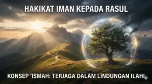 Kajian Fiqh Madzhab Syafi'i: Panduan Lengkap Hukum Islam, Doa, dan Tasawuf 5 "An illustration of a mountain landscape at sunrise, featuring a tree enveloped in a transparent dome of light energy as a visualization of Divine protection." Text Elements: Large text at the top: "THE ESSENCE OF FAITH IN THE MESSENGER OF ALLAH" Text at the bottom: "THE CONCEPT OF 'ISMAH: PRESERVED UNDER DIVINE PROTECTION"