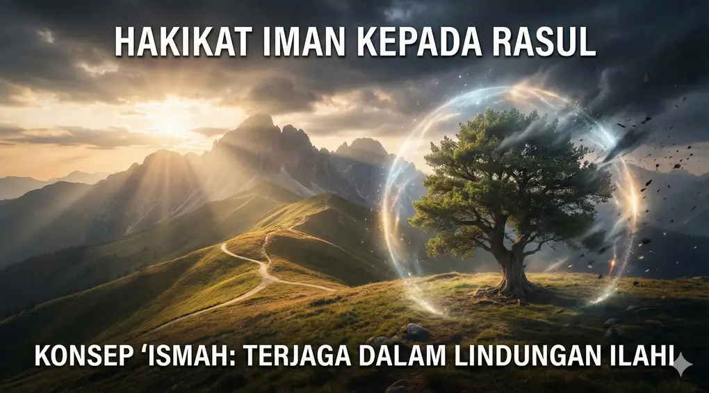 Ilustrasi pemandangan alam pegunungan saat matahari terbit, menampilkan sebuah pohon yang diselimuti oleh kubah energi cahaya transparan sebagai visualisasi perlindungan Ilahi. Teks besar di bagian atas gambar bertuliskan "HAKIKAT IMAN KEPADA RASUL ALLAH" dan di bagian bawah bertuliskan "KONSEP 'ISMAH: TERJAGA DALAM LINDUNGAN ILAHI".