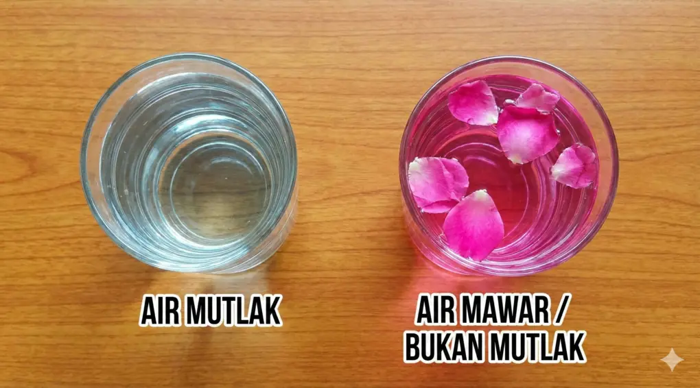 flat-lay membandingkan segelas air mutlak jernih dan segelas air mawar berwarna merah muda dengan kelopak bunga.
