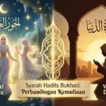 Bidadari Surga vs Wanita Dunia: Siapa Lebih Cantik? Ngaji Syarah Hadits Bukhari Ilustrasi yang menampilkan tiga sosok "Bidadari Surga" mengenakan gaun putih dan hijab tertutup yang anggun di taman surgawi di sisi kiri, disandingkan dengan siluet "Wanita Dunia" yang khusyuk berdoa di sisi kanan. Teks tengah berbunyi "Syarah Hadits Bukhari: Perbandingan Kemuliaan".
