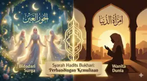 Home 3 An illustration depicting three figures of the “Maidens of Paradise” wearing elegant white gowns and modest hijabs in a heavenly garden on the left, juxtaposed with the silhouette of a “Woman of the World” devotedly praying on the right. The central text reads: “Sharh of a Bukhari Hadith: A Comparison of Virtue.”