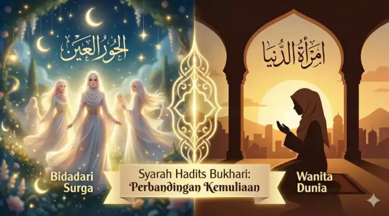 Kajian Fiqh Madzhab Syafi'i: Panduan Lengkap Hukum Islam, Doa, dan Tasawuf 1 An illustration depicting three figures of the “Maidens of Paradise” wearing elegant white gowns and modest hijabs in a heavenly garden on the left, juxtaposed with the silhouette of a “Woman of the World” devotedly praying on the right. The central text reads: “Sharh of a Bukhari Hadith: A Comparison of Virtue.”
