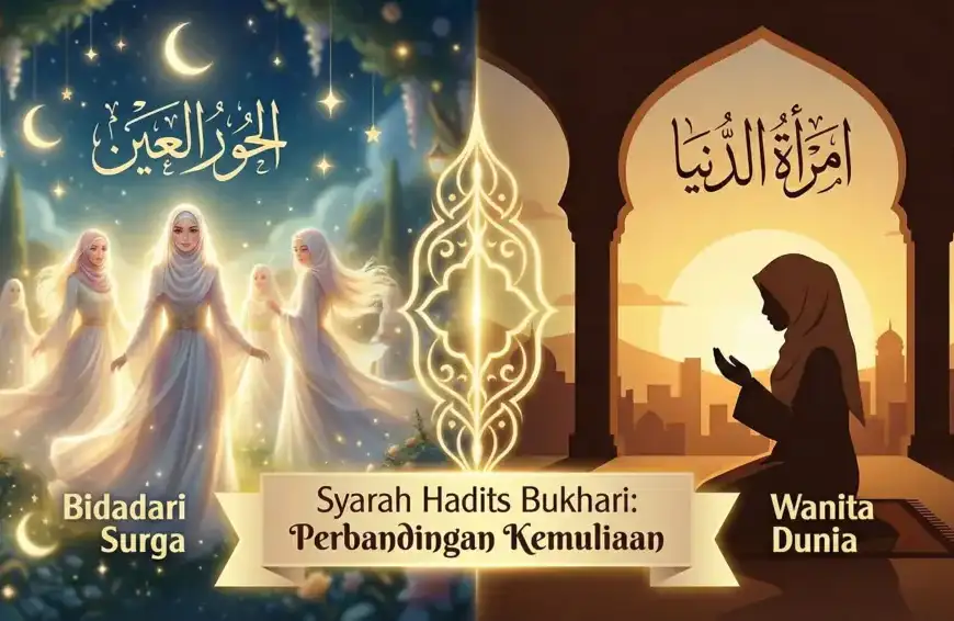 Home 27 An illustration depicting three figures of the “Maidens of Paradise” wearing elegant white gowns and modest hijabs in a heavenly garden on the left, juxtaposed with the silhouette of a “Woman of the World” devotedly praying on the right. The central text reads: “Sharh of a Bukhari Hadith: A Comparison of Virtue.”