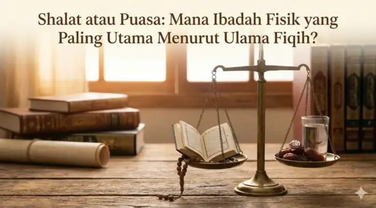 An illustration of a brass scale on a wooden table, balancing an open Quran and prayer beads on one side (symbolizing prayer) against a plate of dates and a glass of water on the other side (symbolizing fasting). The background features stacks of Fiqh books and manuscript scrolls. The title text on the image reads: 'Prayer or Fasting: Which Physical Act of Worship is Most Virtuous According to Fiqh Scholars?' This image serves as the featured image for a blog article on this topic.