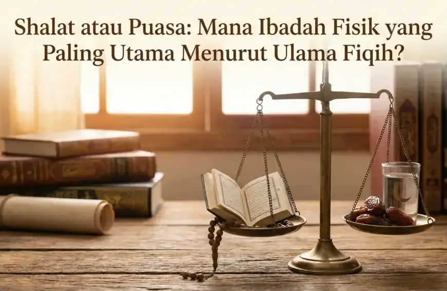 Home 39 Ilustrasi timbangan kuningan di atas meja kayu yang menyeimbangkan Al-Qur'an terbuka dan tasbih di satu sisi (melambangkan shalat) dengan piring kurma dan segelas air di sisi lain (melambangkan puasa). Latar belakang berisi tumpukan kitab fiqih dan gulungan naskah. Teks judul pada gambar berbunyi: "Shalat atau Puasa: Mana Ibadah Fisik yang Paling Utama Menurut Ulama Fiqih?". Gambar ini adalah featured image untuk artikel blog dengan topik tersebut.