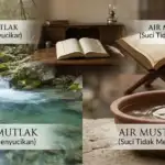 Kolase ilustrasi yang membandingkan air mutlak (air sungai yang mengalir jernih) dengan air musta'mal (bekas tetesan tangan yang sedang berwudhu di atas wadah). Terdapat label hukum fikih pada masing-masing gambar dan latar belakang meja studi dengan kitab kuning terbuka